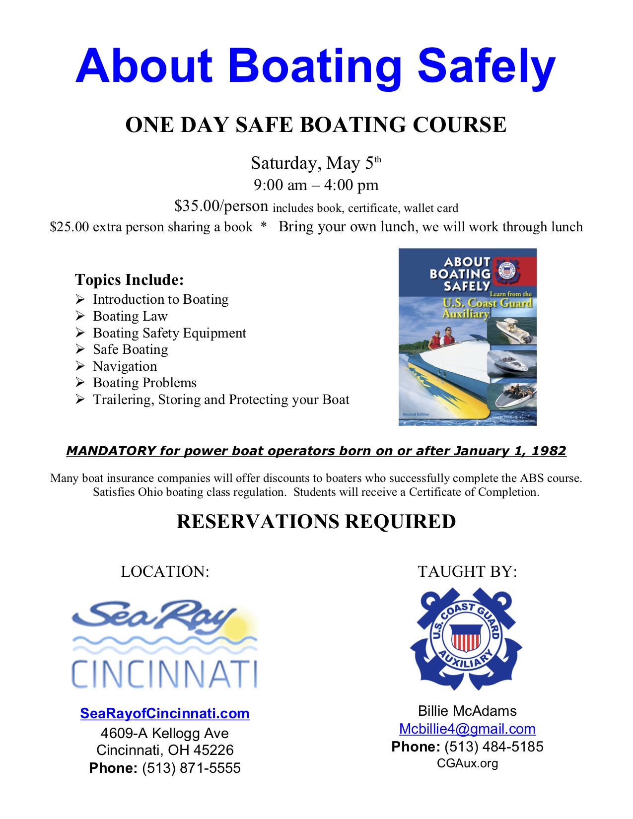 Boating safety Certification Course Sea Ray of Cincinnati, May 5, 9AM